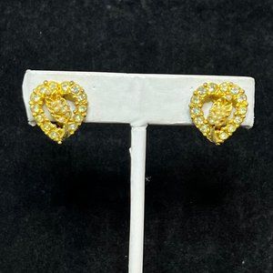 Vintage Gold Tone & Faux Pearl Heart Screw Back Earrings Missing 2 Pearls (3526)